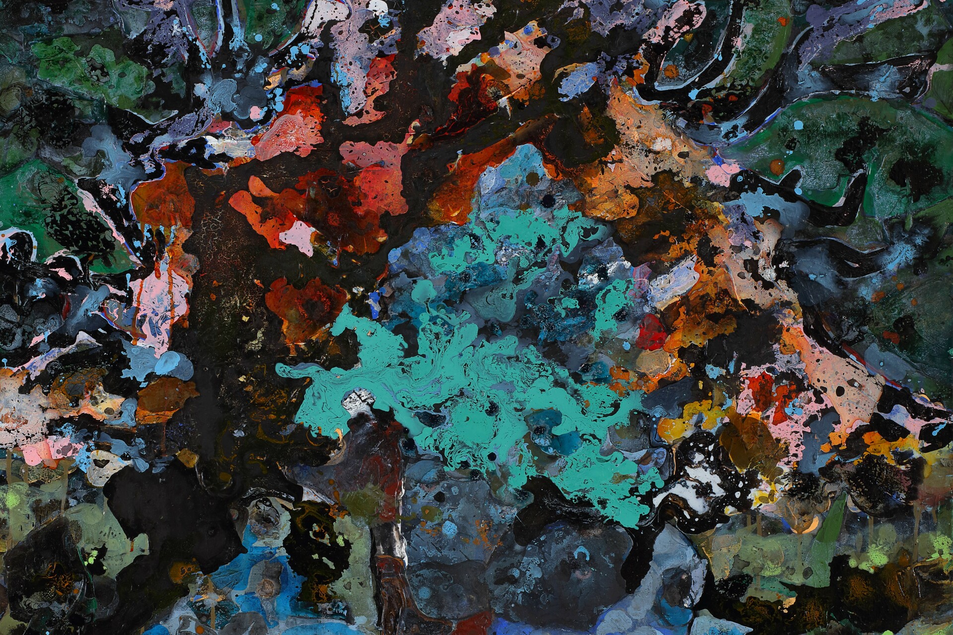 Deanio X, Symphony of Storms, 2023, acrylic, charcoal, ink, pigment and water on canvas, 100 x 100 x 4.5cm, 39 1-4 x 39 1-4 x 1 3-4in